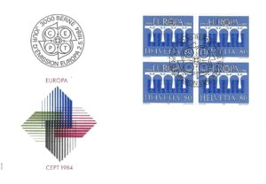 Busta primo giorno CEPT 1984 con blocco da quattro francobolli Helvetia da 80. Busta FDC CEPT 1984 – Francobolli da 80