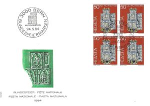 Busta FDC Pro Patria 1984 con blocco da quattro francobolli 50+20. FDC Pro Patria 1984 – Valore 50+20