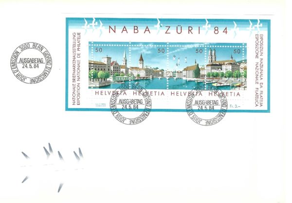 Busta FDC NABA Züri 84 con foglietto speciale illustrato. FDC NABA Züri 1984 – Foglietto speciale