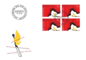 Busta FDC prevenzione incendi 1984 con blocco da quattro francobolli da 50. FDC Prevenzione incendi 1984 – Blocco