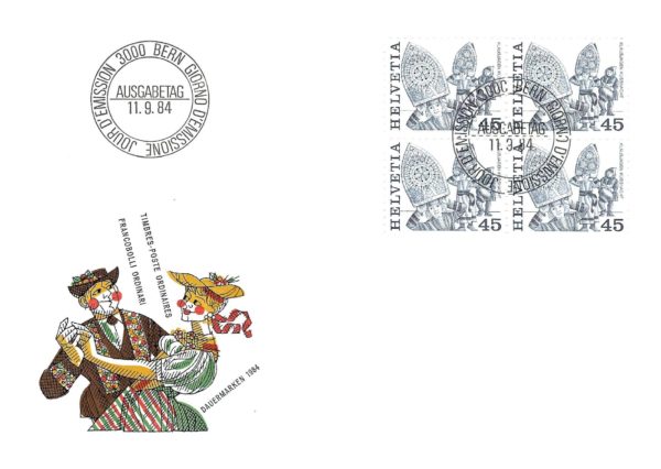 Busta FDC 1984 con blocco di quattro francobolli Helvetia da 45 dedicati alle tradizioni svizzere. FDC 1984 – Francobolli da 45 Tradizioni Popolari