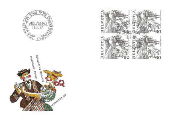 Busta FDC 1984 con blocco da quattro francobolli Helvetia da 60 della serie tradizioni popolari. FDC 1984 – Francobolli da 60 Tradizioni Popolari