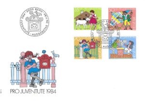 Busta FDC Pro Juventute 1984 con serie completa di quattro francobolli illustrati. FDC Pro Juventute 1984 – Serie completa