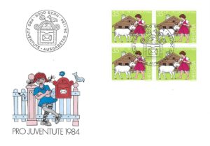 Busta FDC Pro Juventute 1984 con blocco da quattro francobolli da 35+15. FDC Pro Juventute 1984 – Valore 35+15