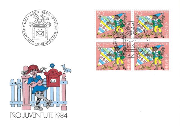 Busta FDC Pro Juventute 1984 con blocco da quattro francobolli 50+20. FDC Pro Juventute 1984 – Valore 50+20