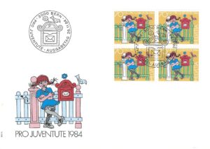 Busta FDC Pro Juventute 1984 con blocco da quattro francobolli 70+30. FDC Pro Juventute 1984 – Valore 70+30