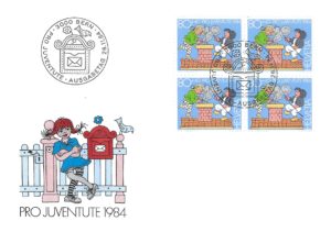 Busta FDC Pro Juventute 1984 con blocco da quattro francobolli 80+40. FDC Pro Juventute 1984 – Valore 80+40