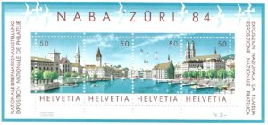 Foglietto NABA Züri 84 da 50 centesimi con veduta panoramica di Zurigo. NABA Züri 84 – Foglietto da 50
