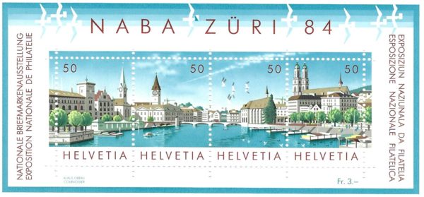 Foglietto NABA Züri 84 da 50 centesimi con veduta panoramica di Zurigo. NABA Züri 84 – Foglietto da 50