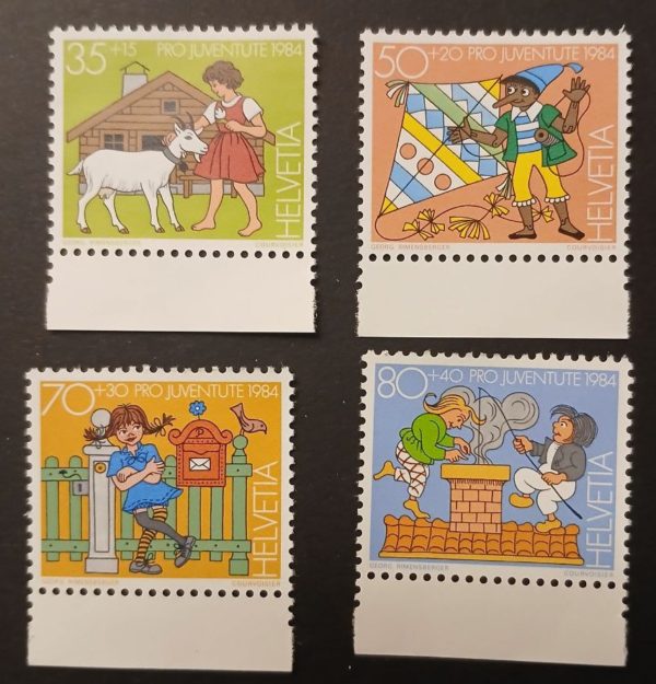 Serie Pro Juventute 1984 con quattro francobolli illustrati. Pro Juventute 1984 – Serie completa