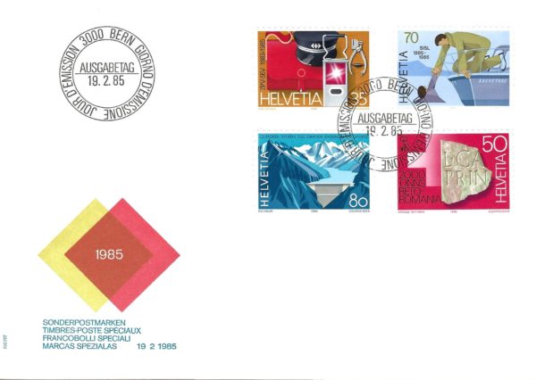 Busta FDC Svizzera 1985 con serie completa di francobolli speciali e annullo 19.2.85. FDC Svizzera 1985 – Francobolli speciali