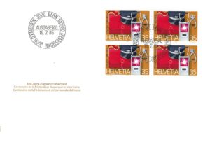 Busta FDC 1985 con blocco da quattro francobolli Helvetia 35 dedicati al personale dei treni. FDC 1985 – 100 anni Federazione del personale dei treni