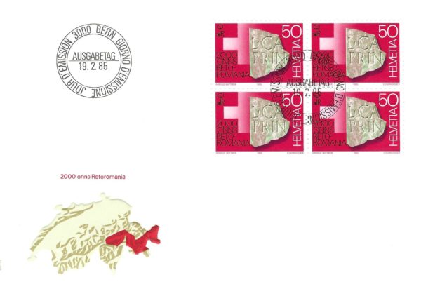 Busta FDC 1985 con blocco da quattro francobolli Helvetia 50 Retoromania. FDC 1985 – 2000 anni Retoromania