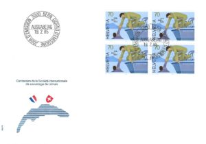Busta FDC 1985 con blocco da quattro francobolli Helvetia 70 dedicati al soccorso lacustre del Lemano. FDC 1985 – Centenaire du sauvetage du Léman