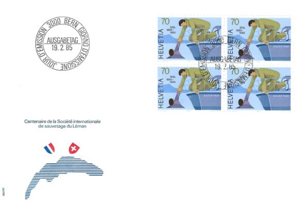 Busta FDC 1985 con blocco da quattro francobolli Helvetia 70 dedicati al soccorso lacustre del Lemano. FDC 1985 – Centenaire du sauvetage du Léman