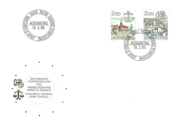 Busta FDC 1985 con francobolli Helvetia 2.50 e 3.00 segni zodiacali. FDC 1985 – Segni zodiacali serie ordinaria