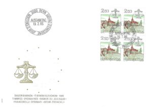 Busta FDC 1985 con blocco da quattro francobolli Helvetia 2.50 Bilancia. FDC 1985 – Segni zodiacali: Bilancia