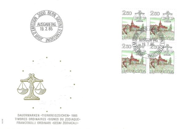 Busta FDC 1985 con blocco da quattro francobolli Helvetia 2.50 Bilancia. FDC 1985 – Segni zodiacali: Bilancia