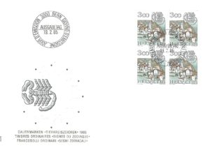 Busta FDC 1985 con blocco da quattro francobolli Helvetia 3.00 Scorpione. FDC 1985 – Segni zodiacali: Scorpione