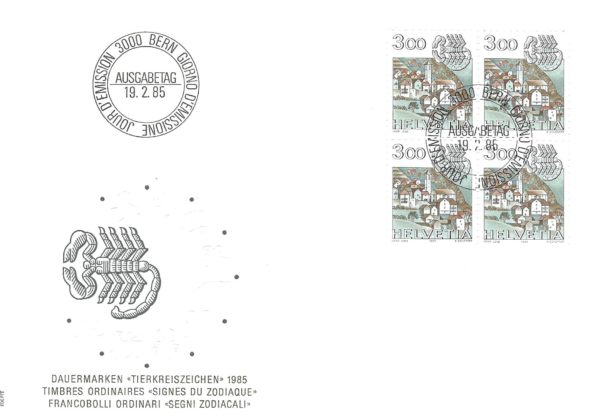 Busta FDC 1985 con blocco da quattro francobolli Helvetia 3.00 Scorpione. FDC 1985 – Segni zodiacali: Scorpione