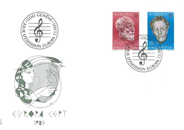 Busta FDC Europa CEPT 1985 con due francobolli dedicati a personaggi svizzeri. Europa CEPT 1985 – Serie doppia
