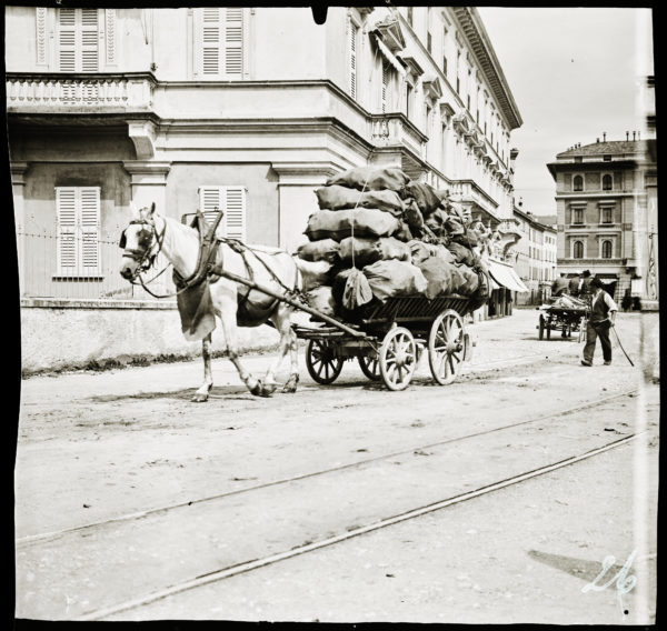 Lugano 1892–1901 – Carro trainato da cavallo Lugano 1892–1901 – carro trainato da cavallo carico di sacchi nel centro cittadino